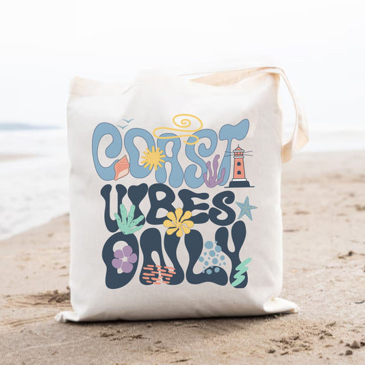 Coast Vibes Only Tote Bag | Retro Coastal Beach Canvas Bag