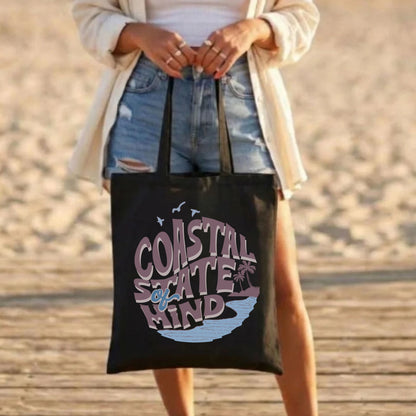 Coastal State of Mind Black Tote Bag | Retro Beach Canvas Bag