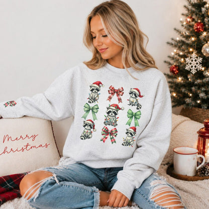 Coquette Christmas Raccoon Sweatshirt | Bow Sleeve Woodland Holiday Crewneck