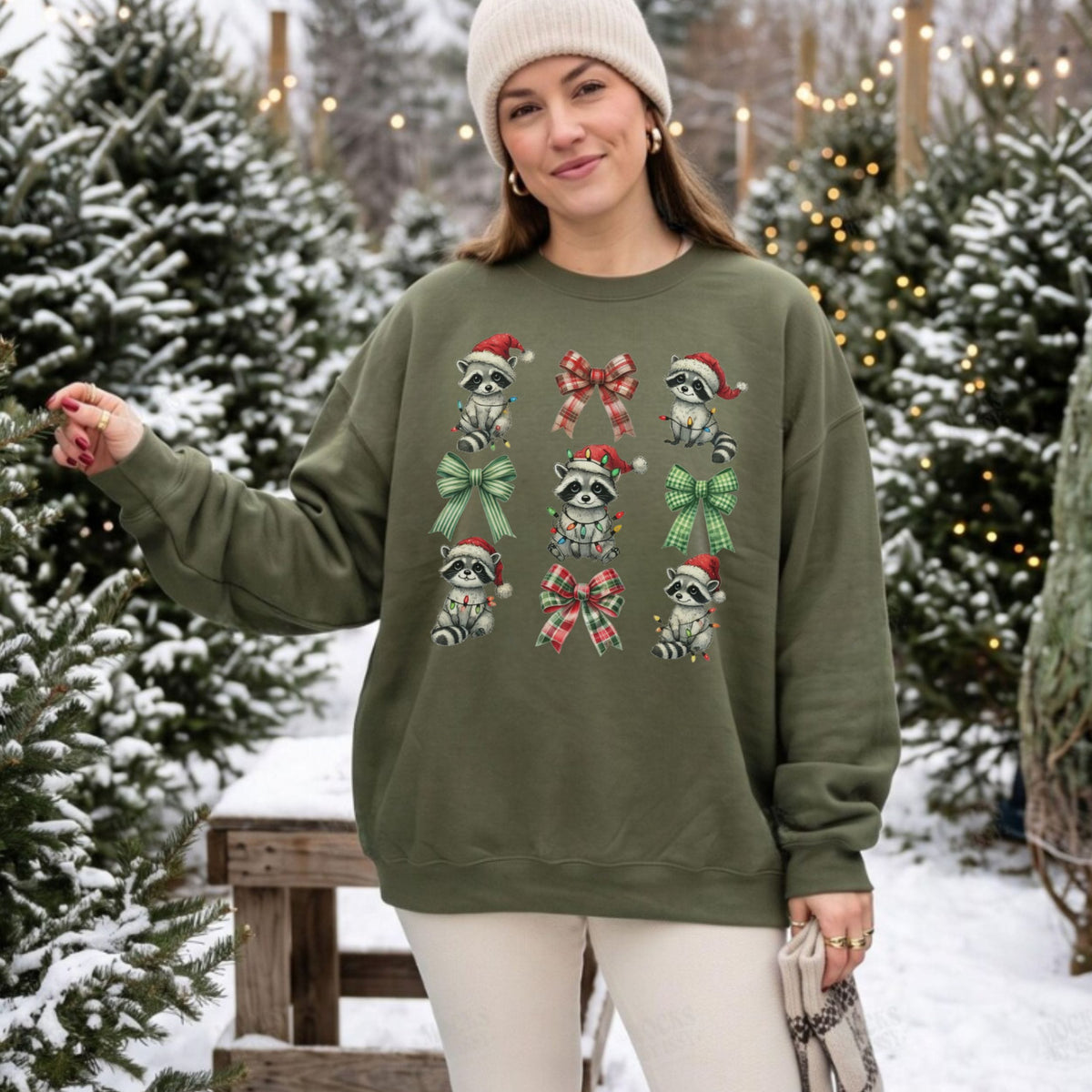 Coquette Christmas Raccoon Sweatshirt | Bow Sleeve Woodland Holiday Crewneck