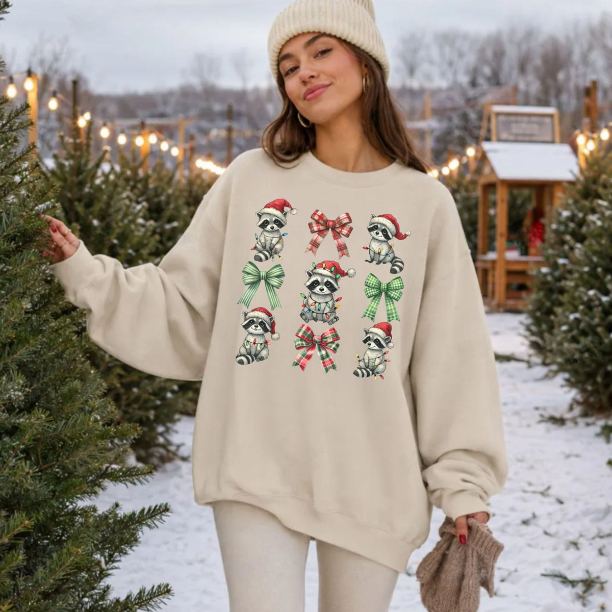 Coquette Christmas Raccoon Sweatshirt | Bow Sleeve Woodland Holiday Crewneck