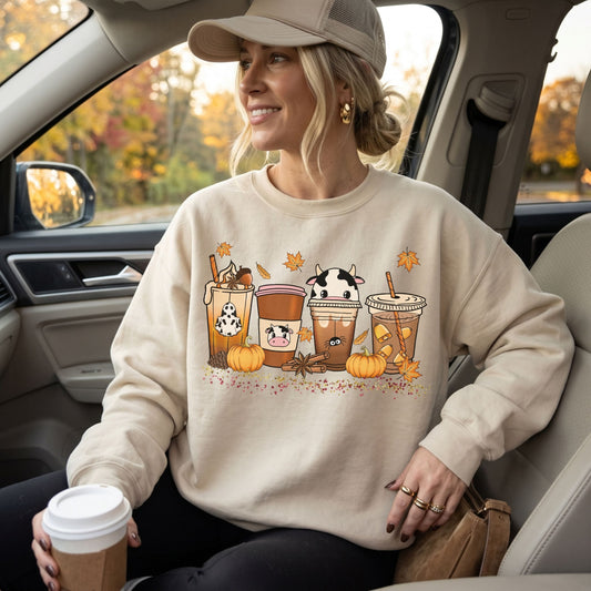 Fall Coffee Sweatshirt | Spooky Cow Pumpkin Cozy Crewneck