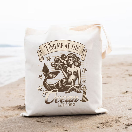 Find Me at the Ocean Tote Bag | Pacific Coast Mermaid Canvas Bag