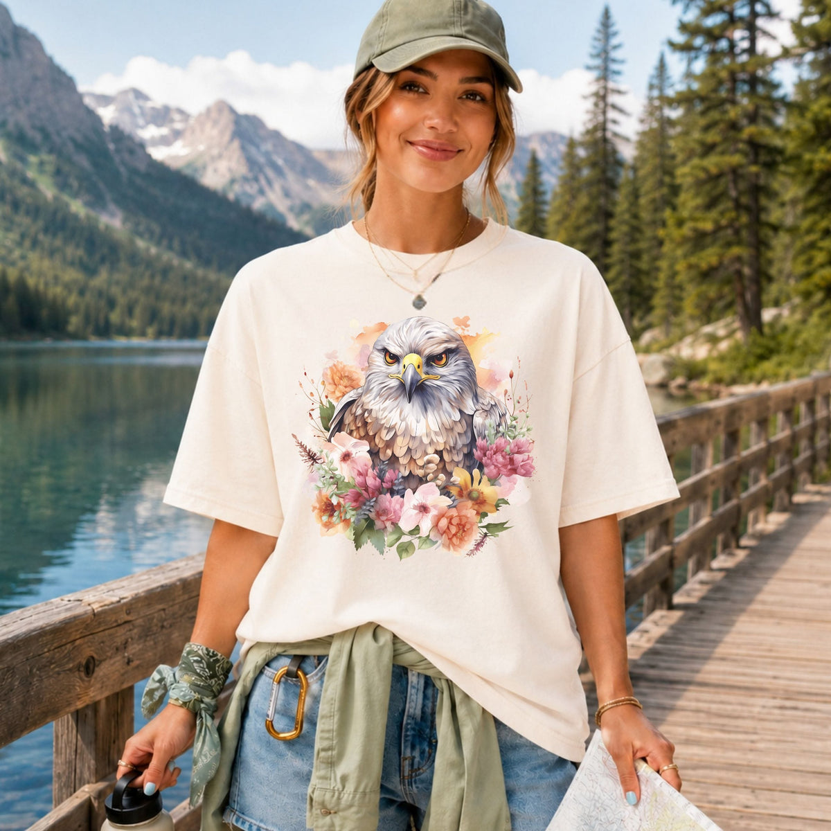 A woman stands on a wooden boardwalk by a lake with mountains and pine trees in the background, wearing an oversized cream graphic T-shirt featuring a detailed owl surrounded by colorful flowers. She is also wearing a green cap, blue jeans, and a light green shirt tied around her waist.
