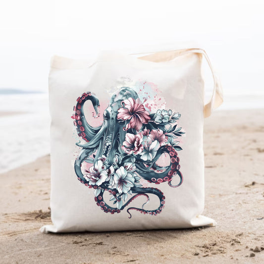 Floral Octopus Tote Bag | Botanical Coastal Canvas Bag