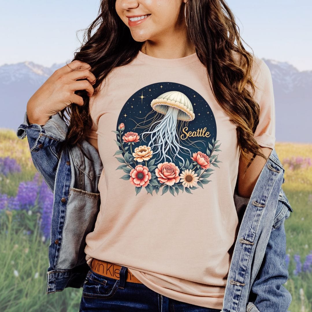 Celestial Floral Jellyfish, Seattle Softstyle Tee