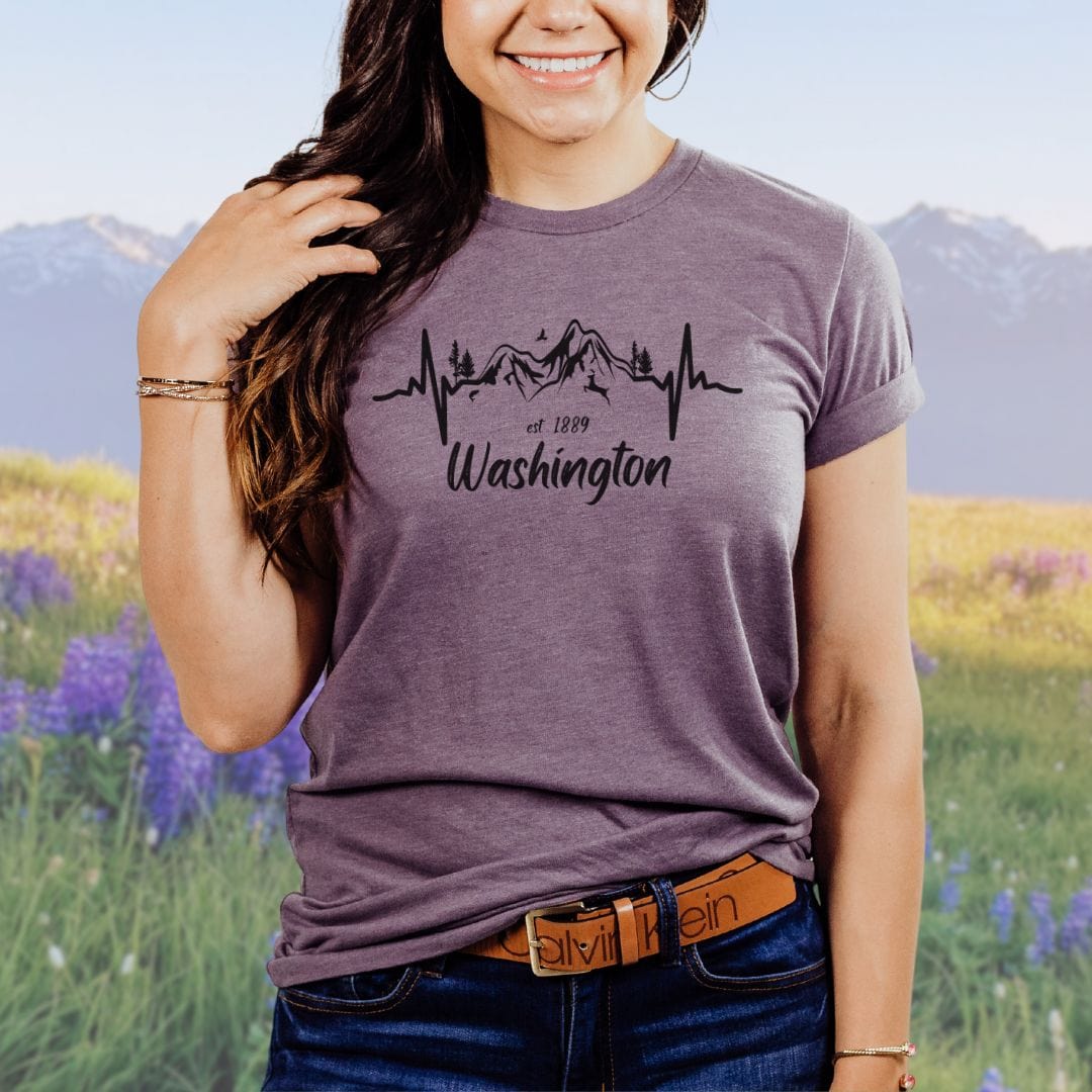 Washington State Mountain Heartbeat Softstyle Tee in Black