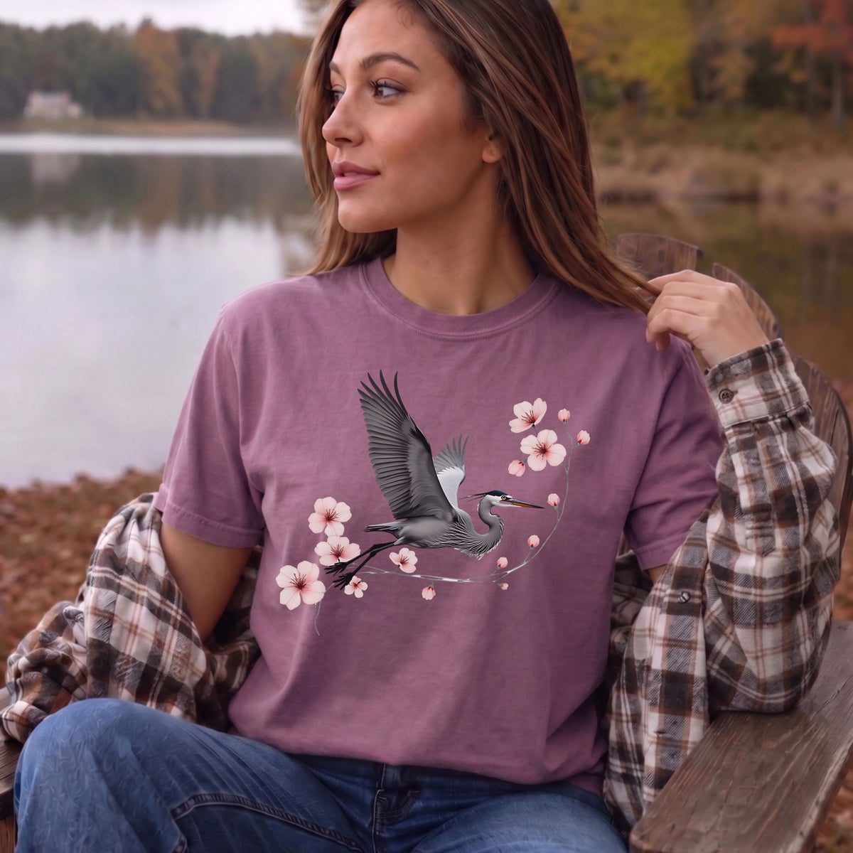 Heron & Cherry Blossom Comfort Colors Tee | Nature Graphic Shirt