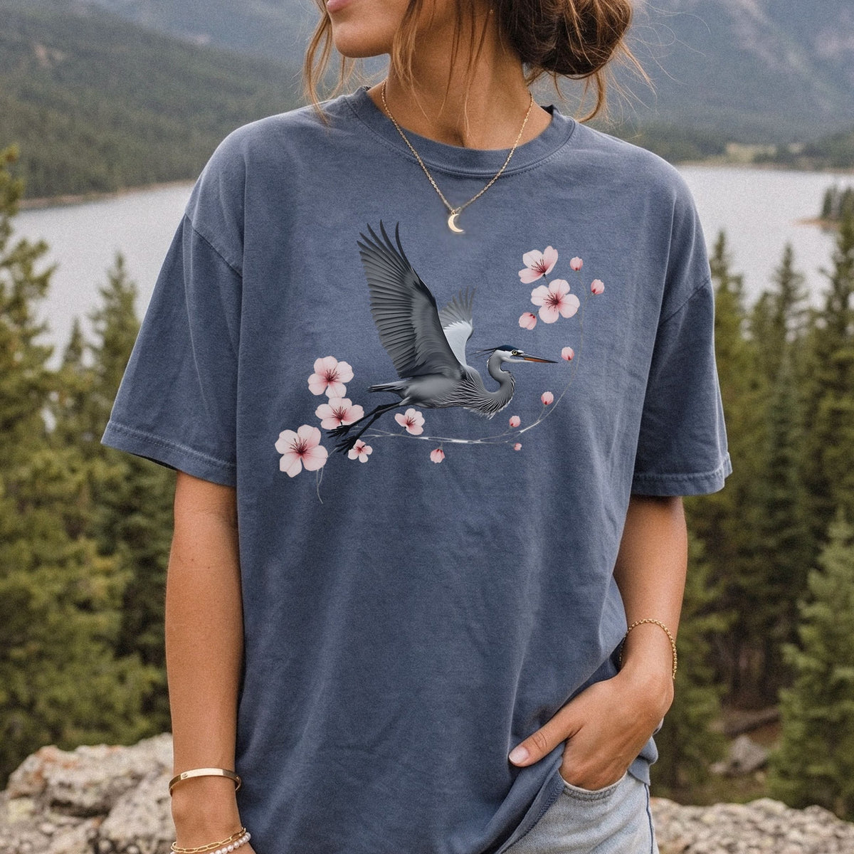 Heron & Cherry Blossom Comfort Colors Tee | Nature Graphic Shirt