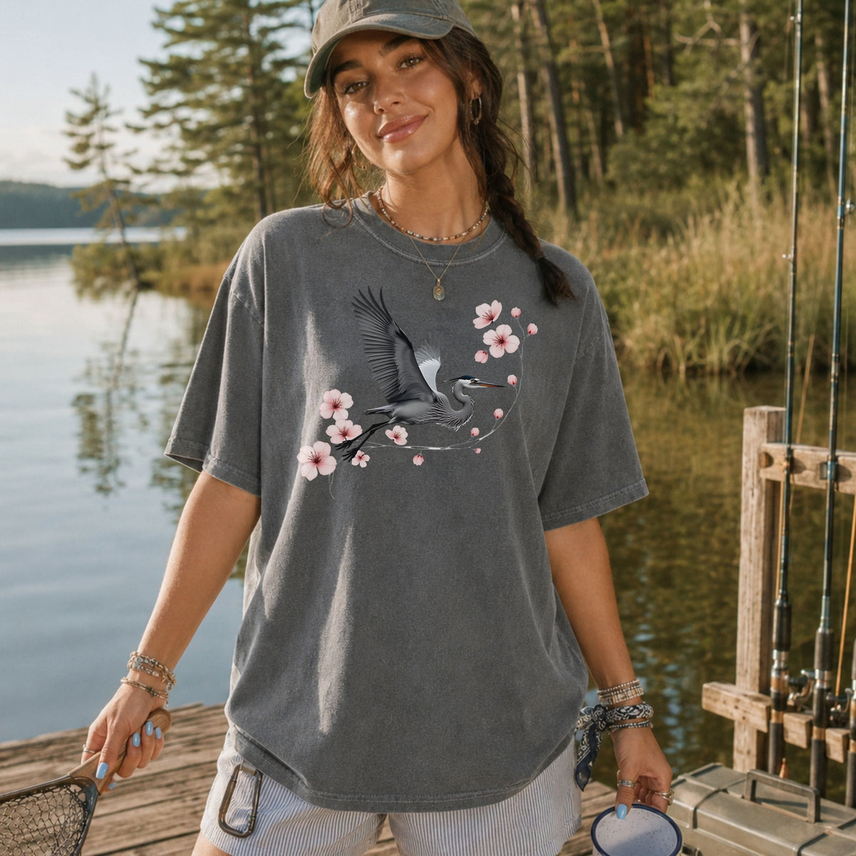 Heron & Cherry Blossom Comfort Colors Tee | Nature Graphic Shirt