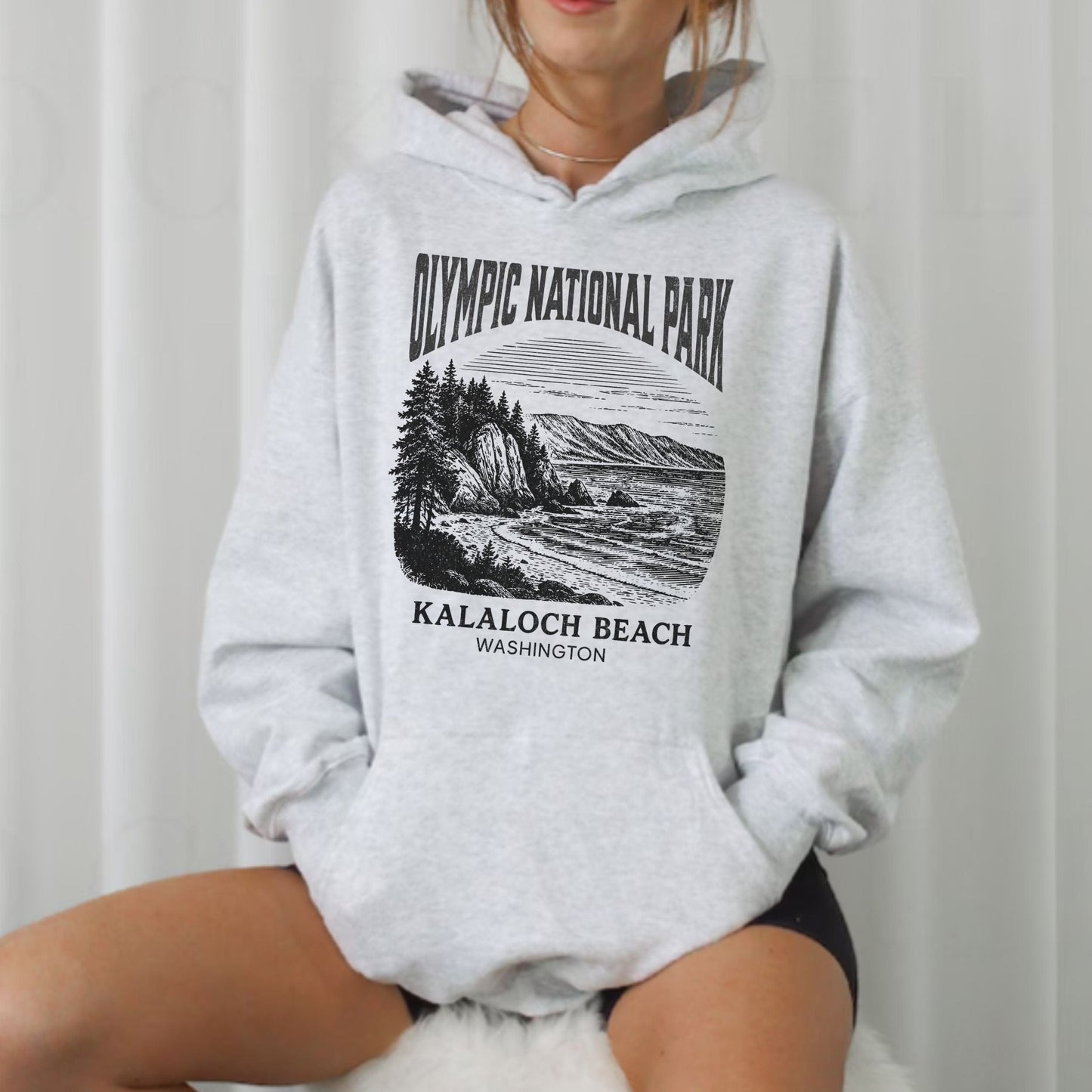 Ash gray hoodie with Olympic National Park - Kalaloch Beach design on a white background