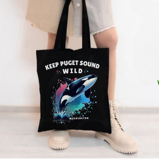 Keep Puget Sound Wild Orca Tote Bag | Washington Coastal Canvas Bag