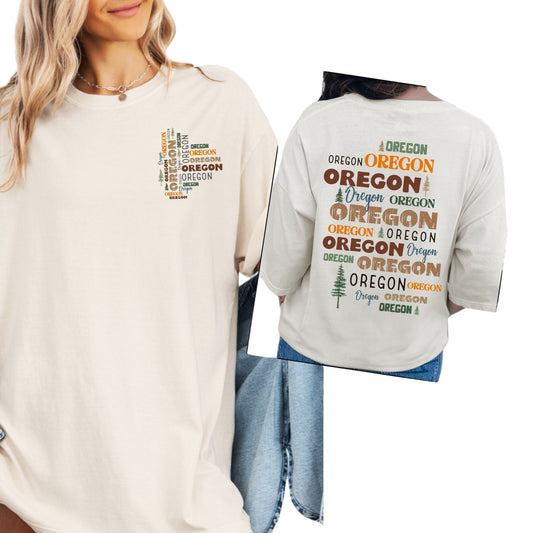 Two-panel image showing a woman wearing an ivory Comfort Colors t-shirt with an Oregon state map typography chest logo and a matching multi-font text layout on the back.