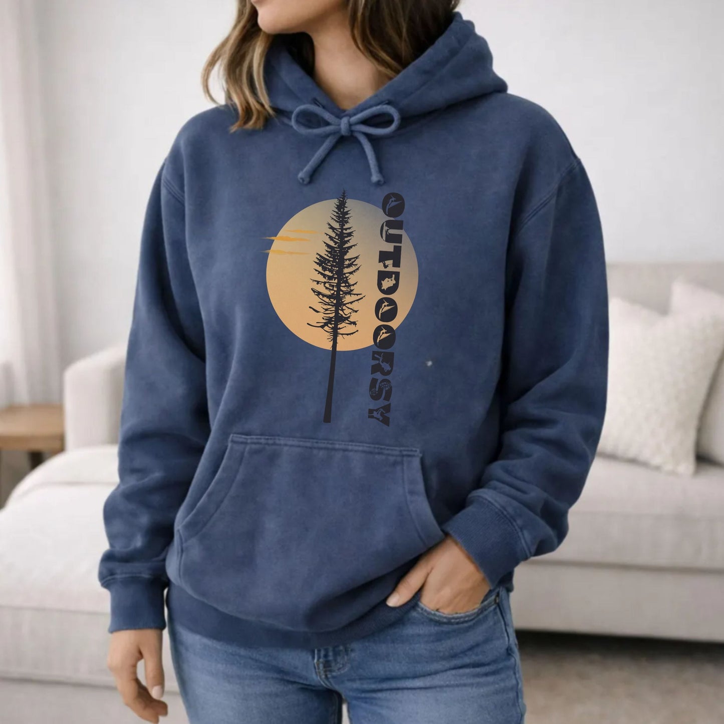 Outdoorsy Pine Tree Sunrise Comfort Colors Hoodie | Vintage Wash Nature Sweatshirt