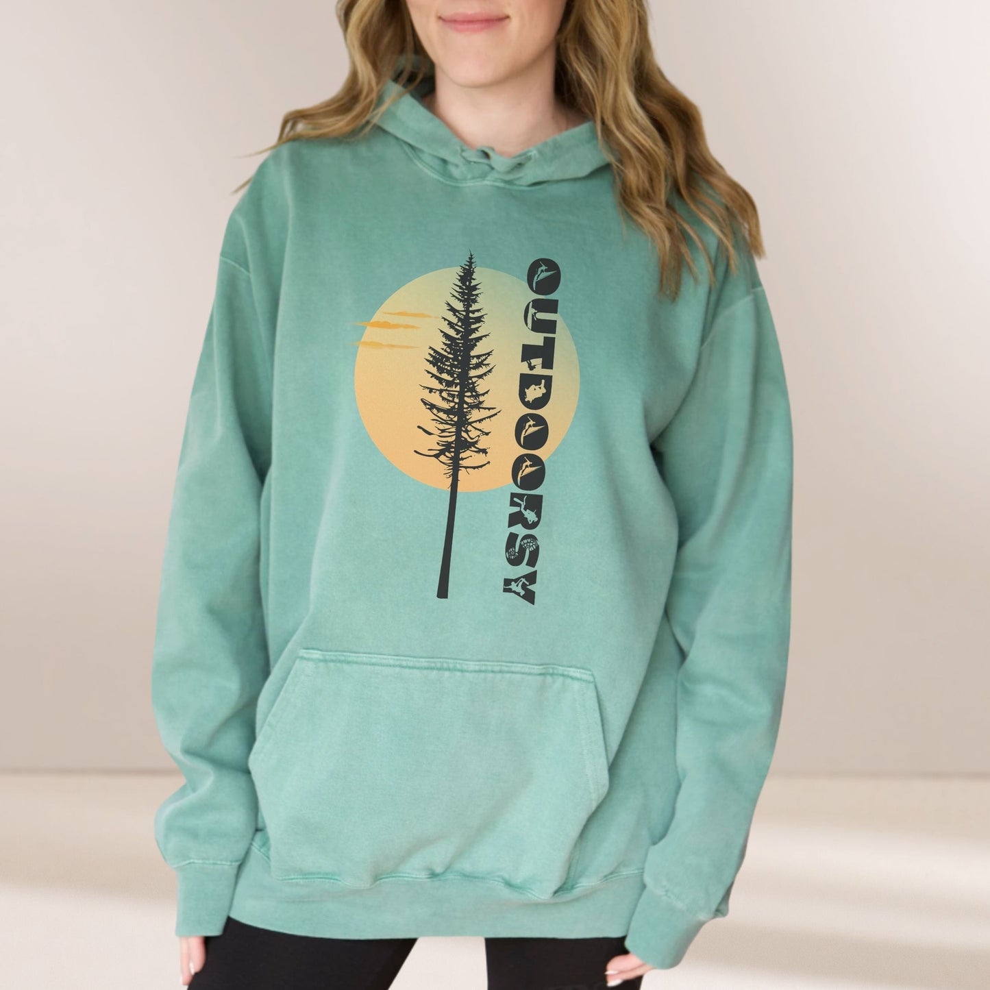 Outdoorsy Pine Tree Sunrise Comfort Colors Hoodie | Vintage Wash Nature Sweatshirt