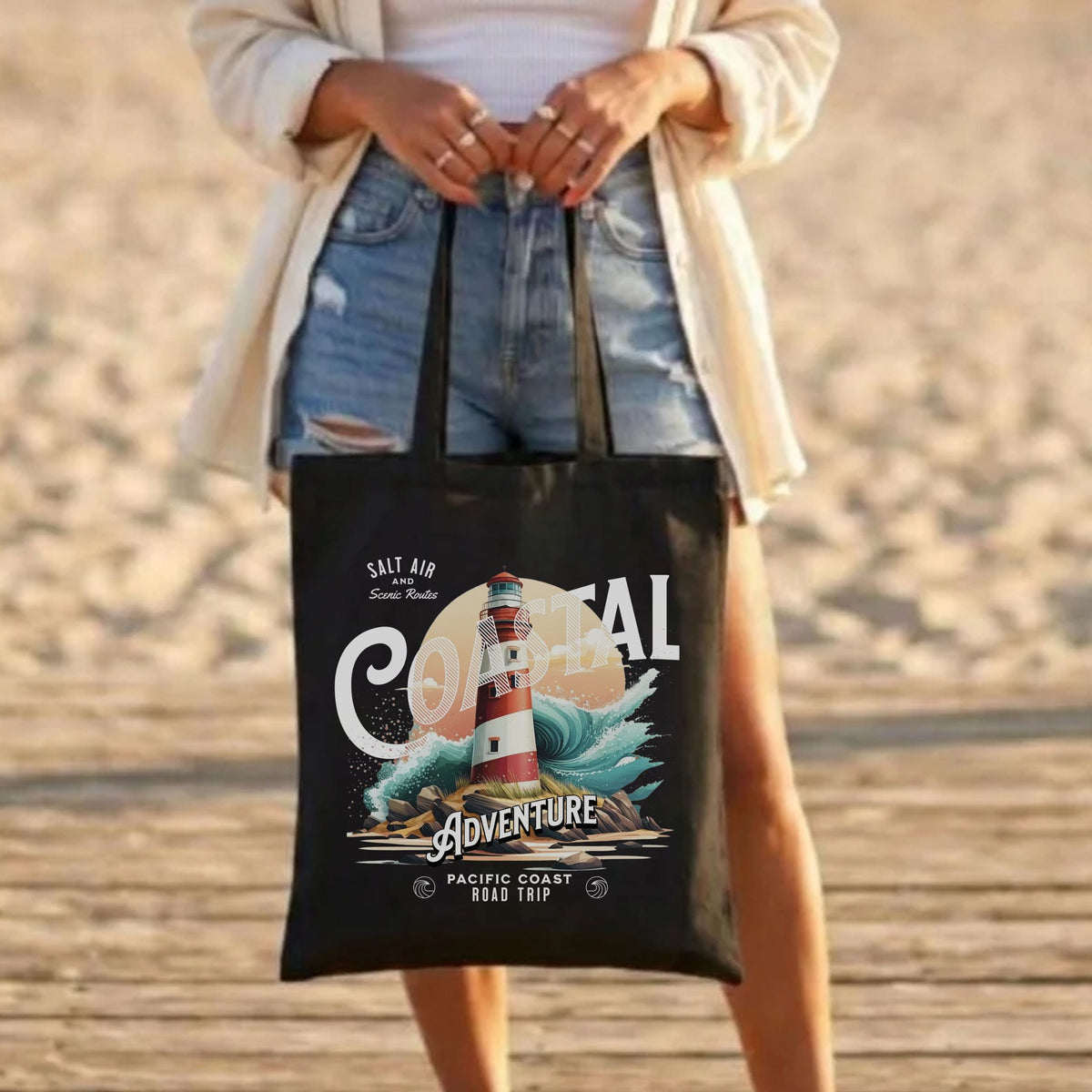 Pacific Coast Road Trip Tote Bag | Lighthouse Coastal Adventure Canvas Bag