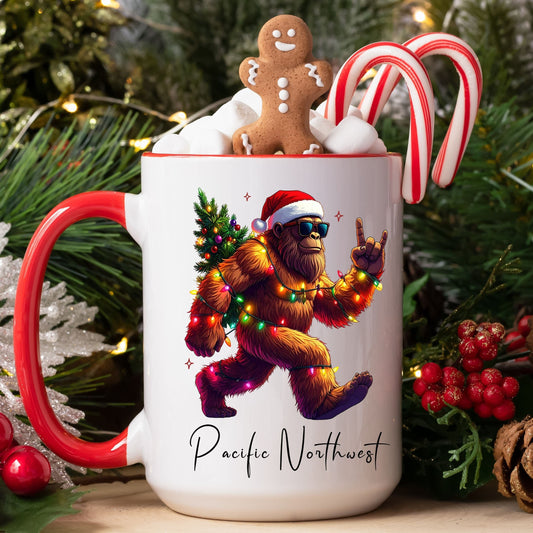 Mug with a festive design of a bear wearing a Santa hat and Christmas lights, surrounded by holiday decorations.