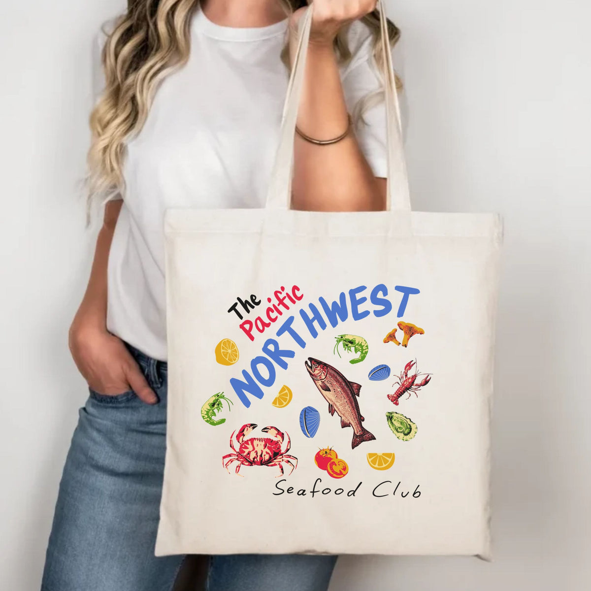 Pacific Northwest Seafood Club Tote Bag | Coastal Market Canvas Bag