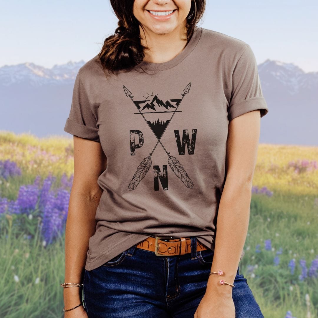PNW Mountains and Arrows, Softstyle Tee in Black Letters