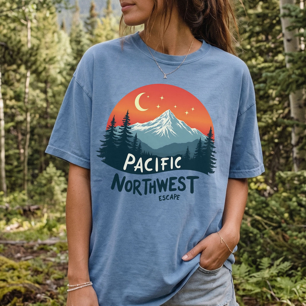 PNW Celestial Mountain Graphic Tee | Retro Outdoorsy T-Shirt