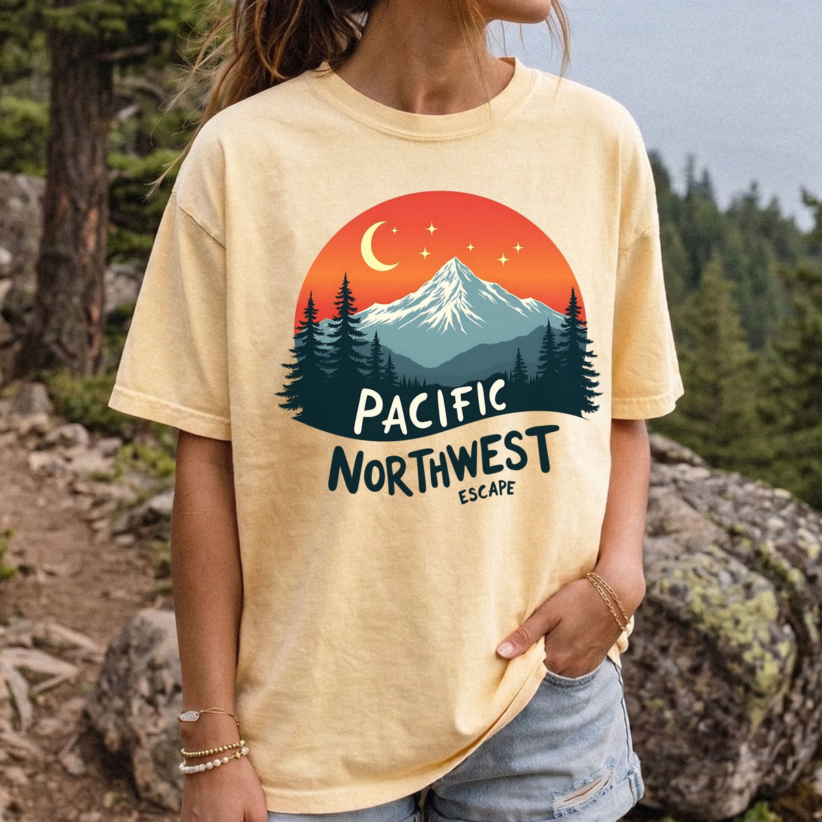 PNW Celestial Mountain Graphic Tee | Retro Outdoorsy T-Shirt