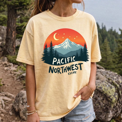 PNW Celestial Mountain Graphic Tee | Retro Outdoorsy T-Shirt