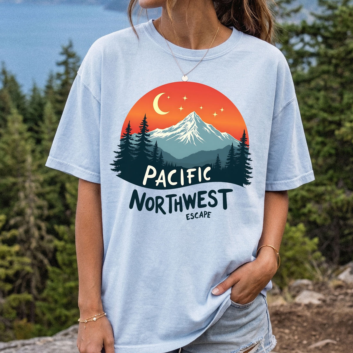 PNW Celestial Mountain Graphic Tee | Retro Outdoorsy T-Shirt