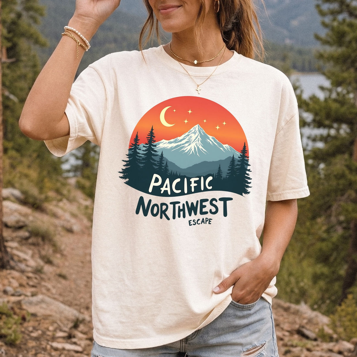 PNW Celestial Mountain Graphic Tee | Retro Outdoorsy T-Shirt