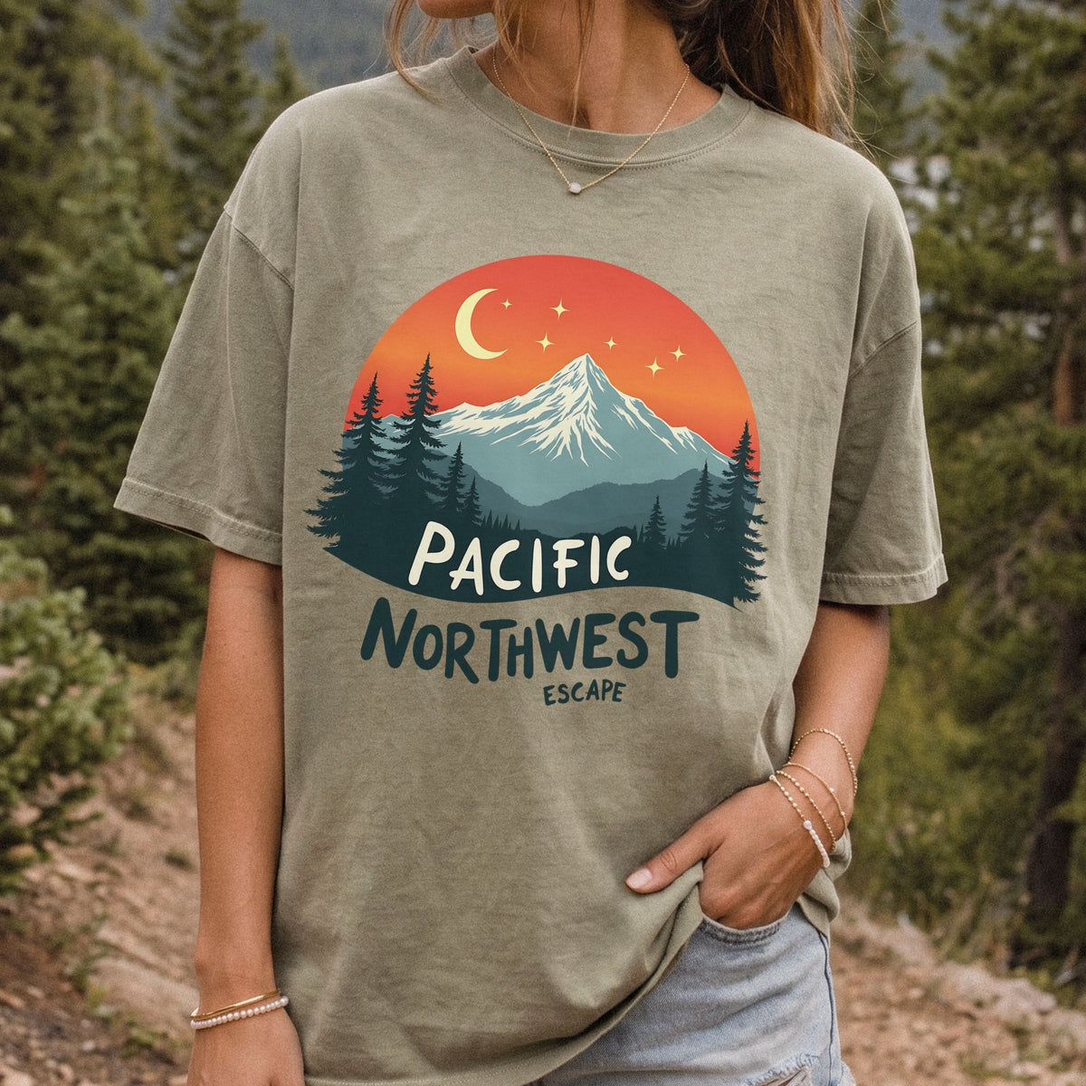 PNW Celestial Mountain Graphic Tee | Retro Outdoorsy T-Shirt