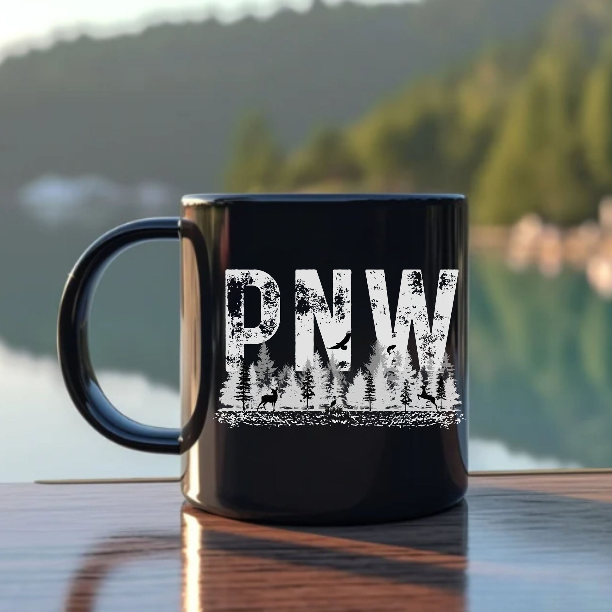11 oz black PNW forest coffee mug with distressed evergreen design