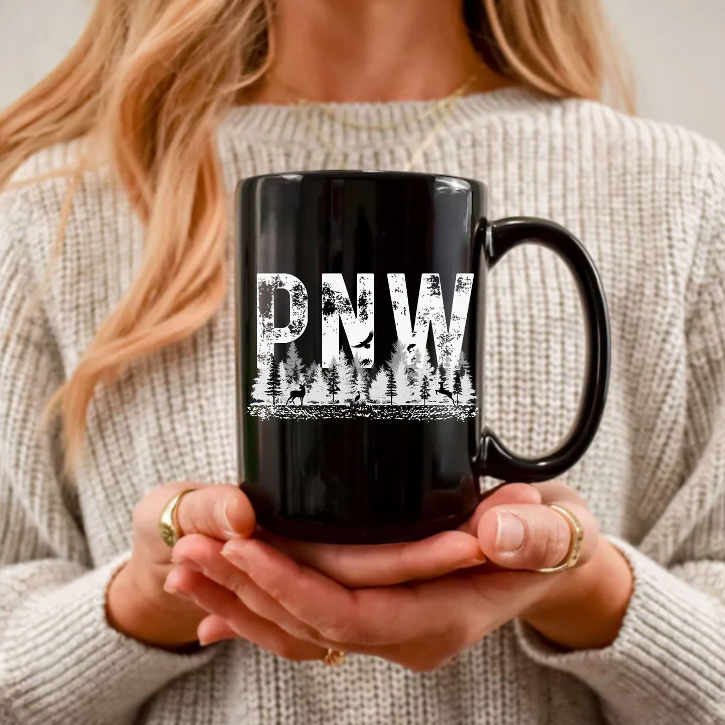 15 oz black PNW forest coffee mug with distressed evergreen design