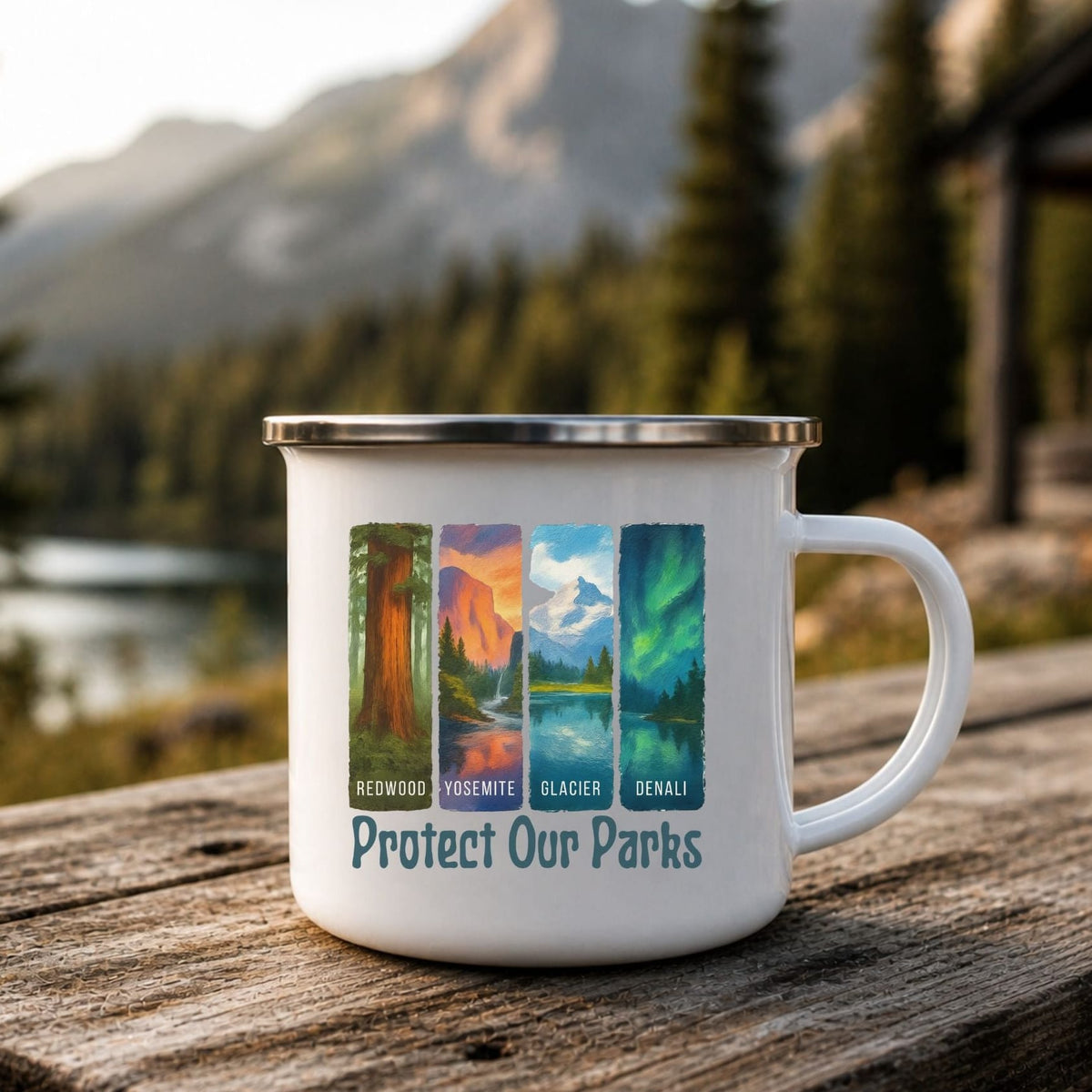 A white enamel camping mug with a silver metal rim sits on a rustic wooden table in an outdoor mountain setting. The mug features a colorful graphic of four national parks (Redwood, Yosemite, Glacier, Denali) and the text 'Protect Our Parks'.