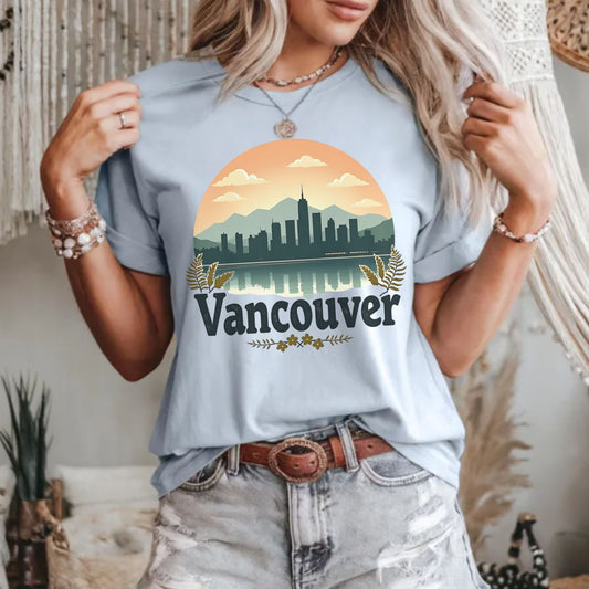Retro Vancouver Sunset Graphic Tee | Vintage City Skyline Pacific Northwest Shirt