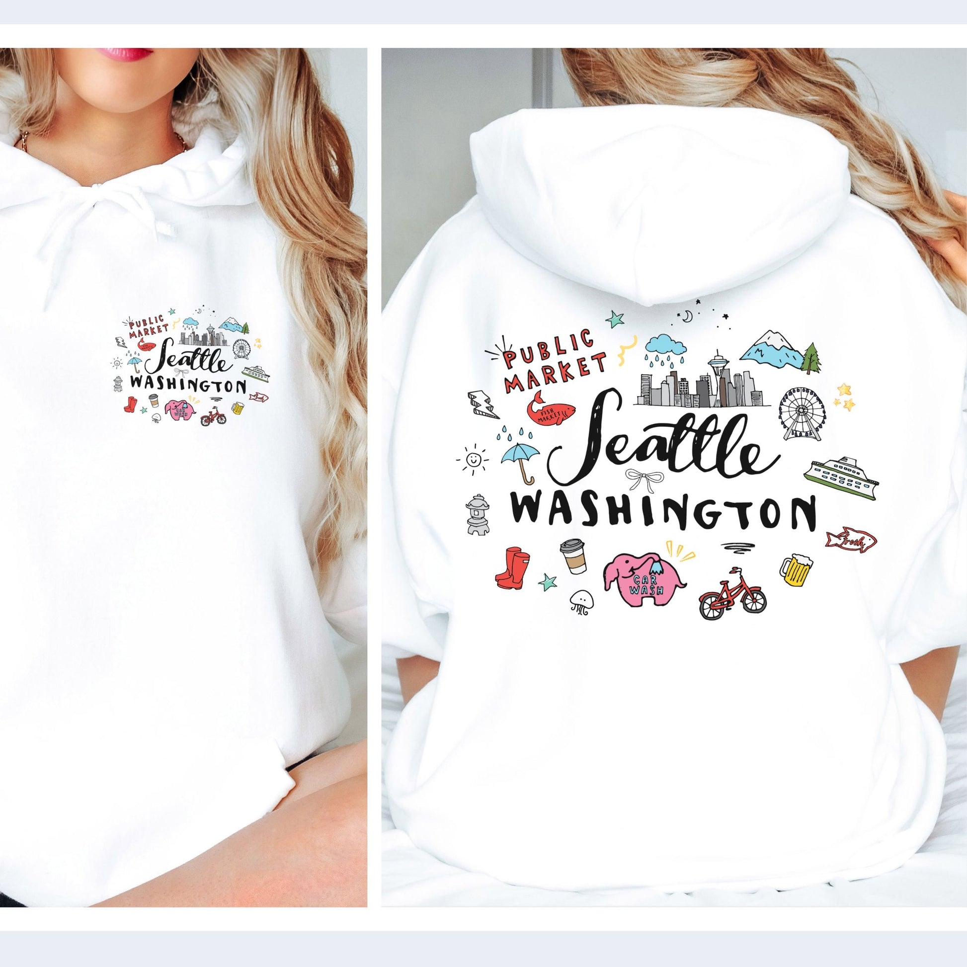 A white pullover hoodie shown on a model from both the front and back. The front features a small multicolor graphic on the left chest reading 'Seattle Washington'.