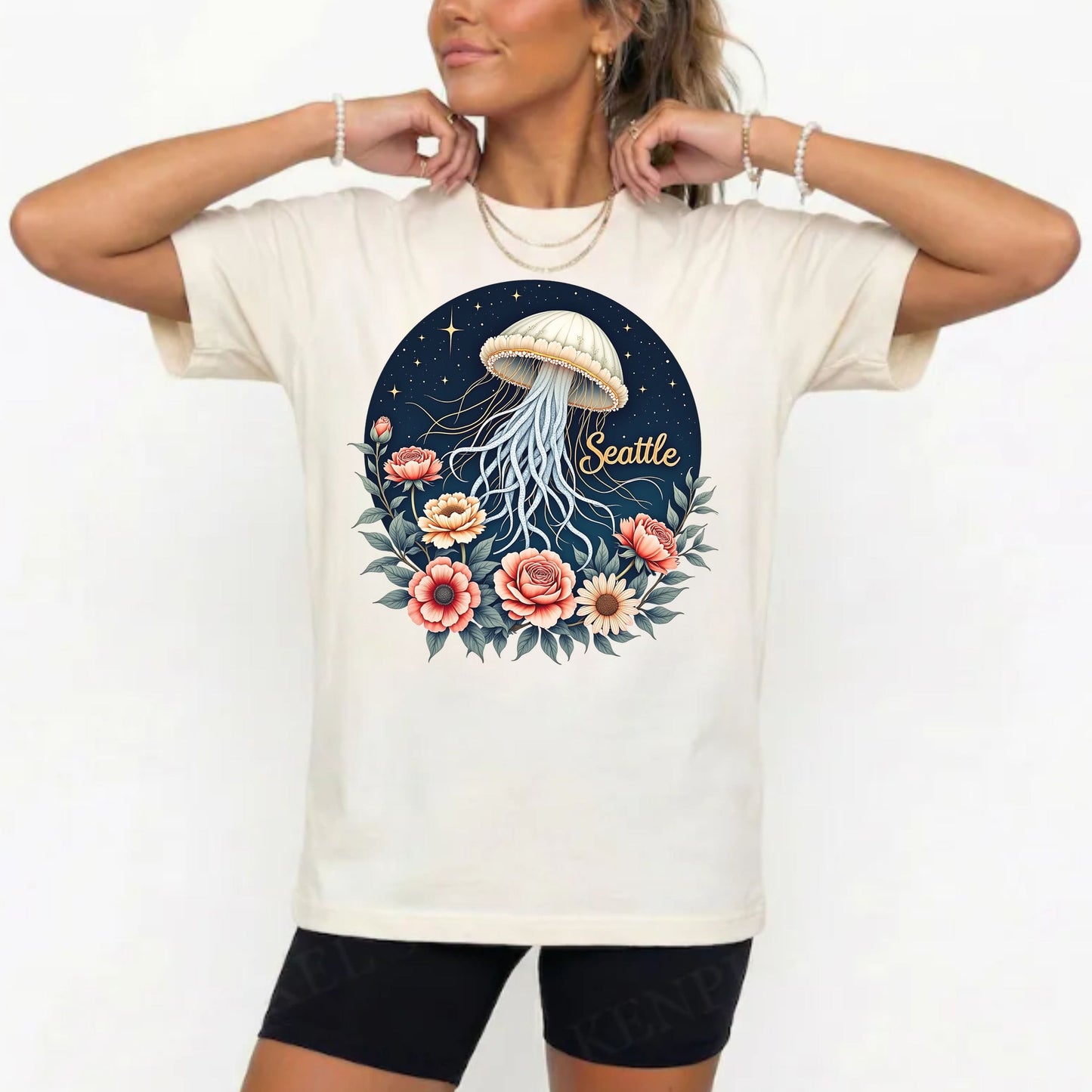 Seattle Celestial Jellyfish Graphic Tee | Whimsical Floral Shirt