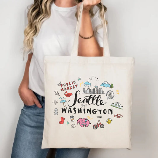 Seattle Washington Doodle Tote Bag | PNW Landmark Canvas Bag