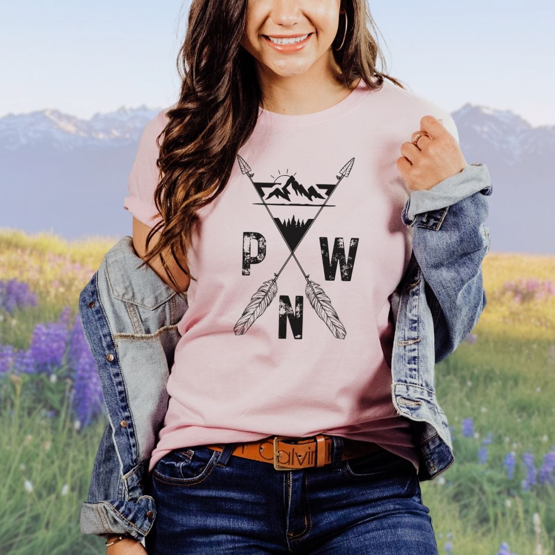 PNW Mountains and Arrows, Softstyle Tee in Black Letters