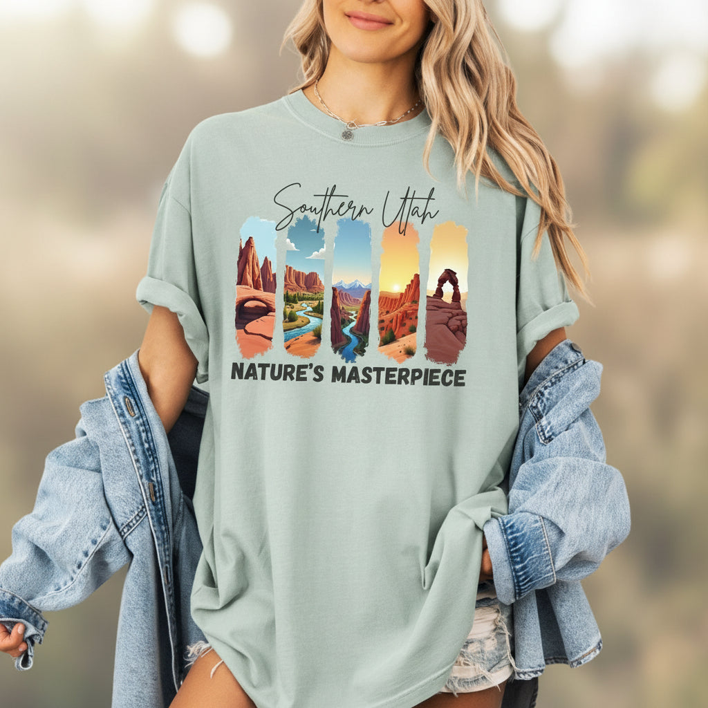 Woman wearing a bay green Comfort Colors t-shirt with five colorful vertical canyon panels reading Southern Utah Nature's Masterpiece, styled under a denim jacket.