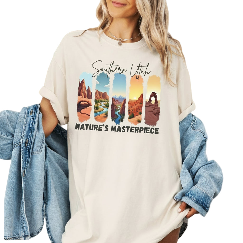 Person wearing a white sweatshirt with 'Southern Utah Nature's Masterpiece' design