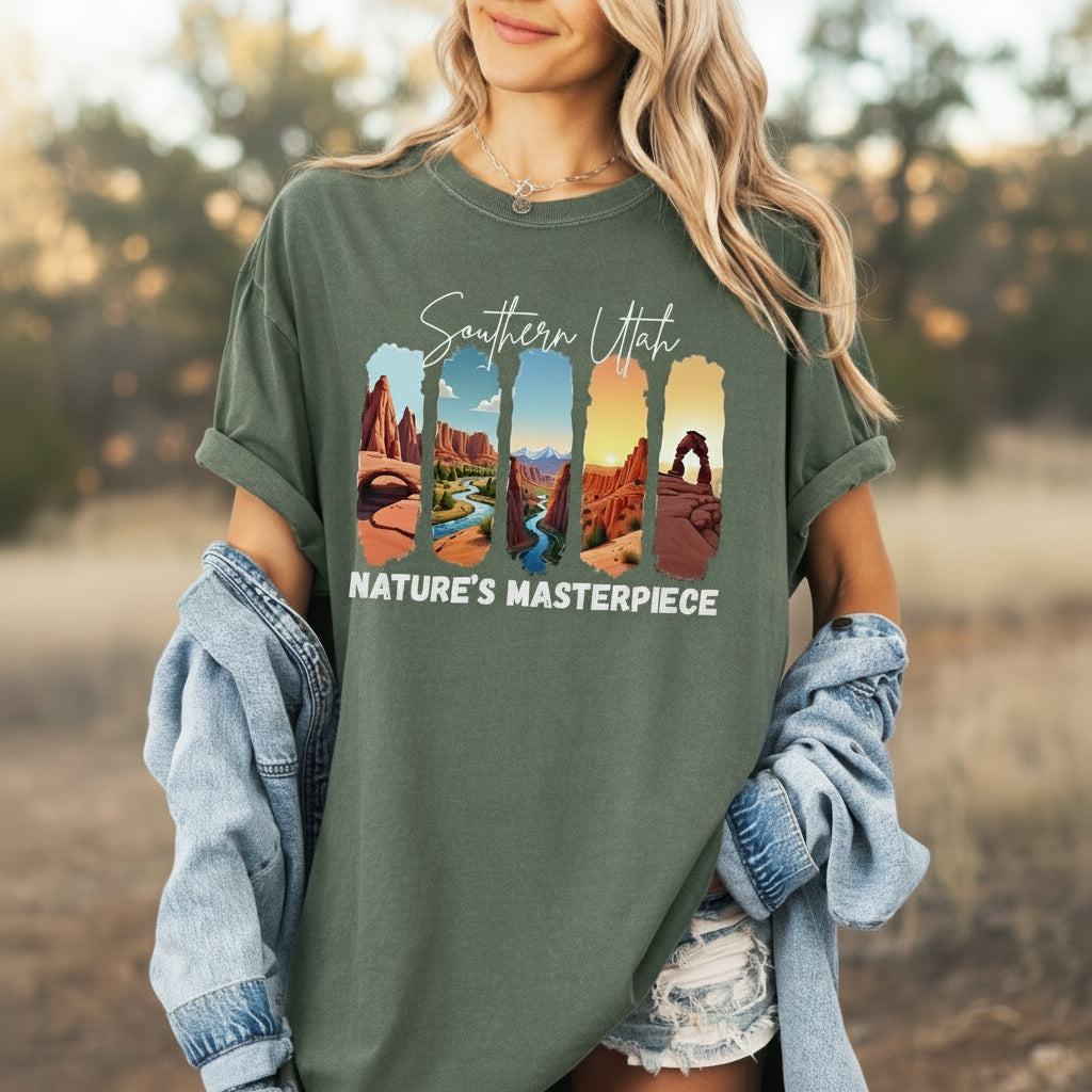 Person wearing a green t-shirt with 'Southern Utah Nature's Masterpiece' design