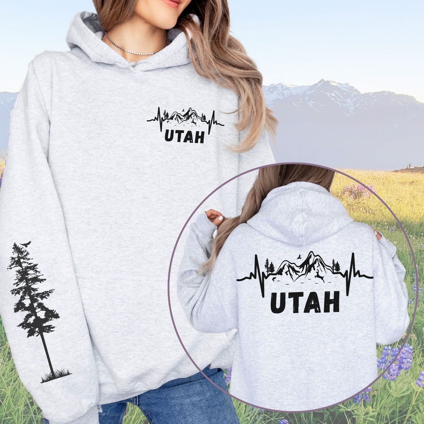 Utah Heartbeat Mountain Sleeve Print Hoodie - Retro Nature Pulse Sweatshirt