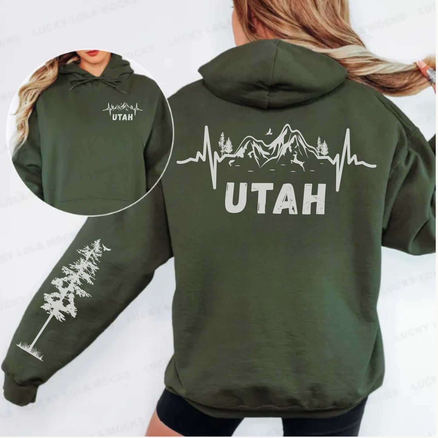 Utah Heartbeat Mountain Sleeve Print Hoodie - Retro Nature Pulse Sweatshirt