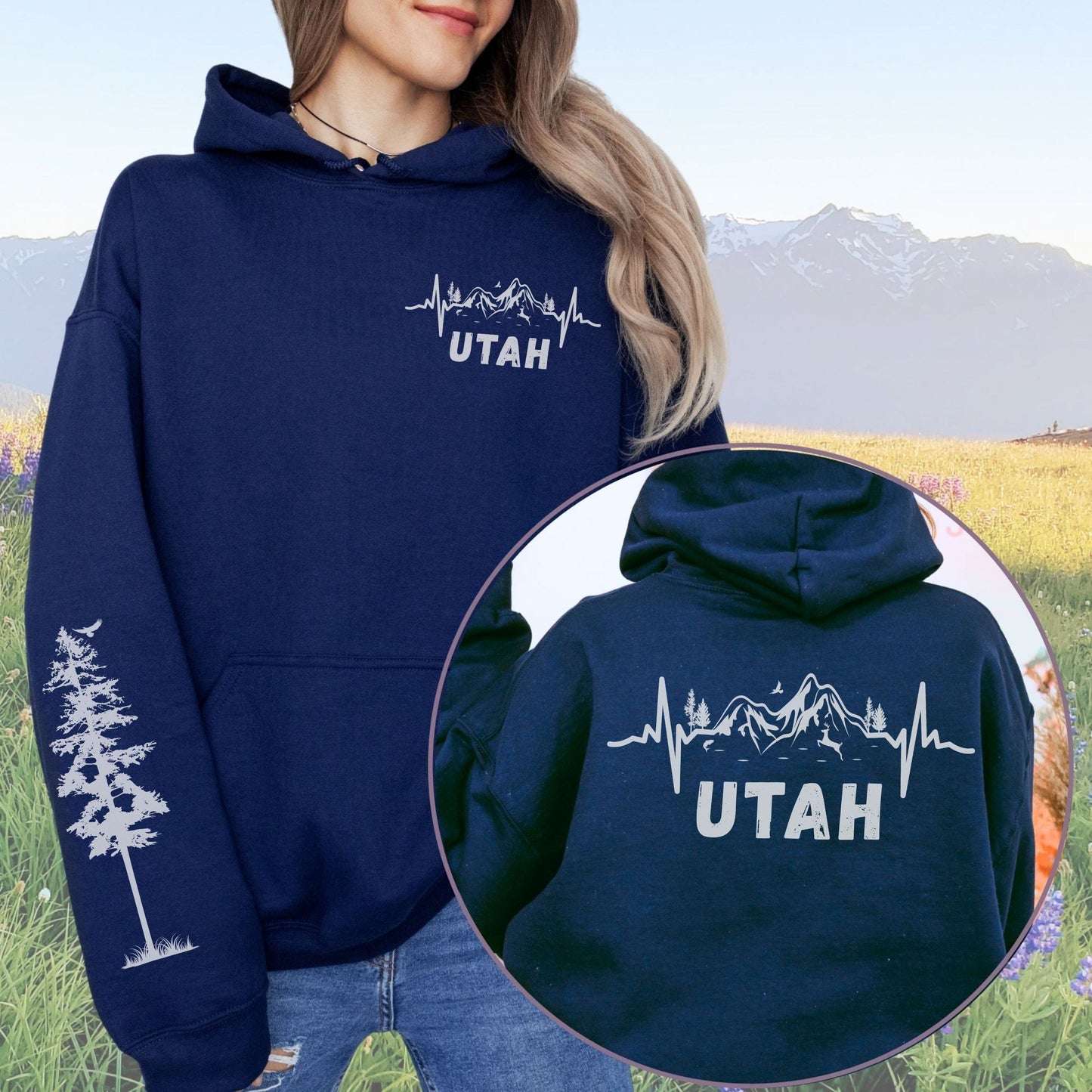 Utah Heartbeat Mountain Sleeve Print Hoodie - Retro Nature Pulse Sweatshirt