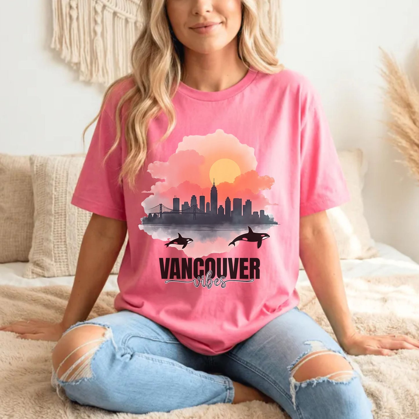 Vancouver Vibes City Skyline Sunset Graphic Tee | Retro Orca Whale Whale Watching Shirt