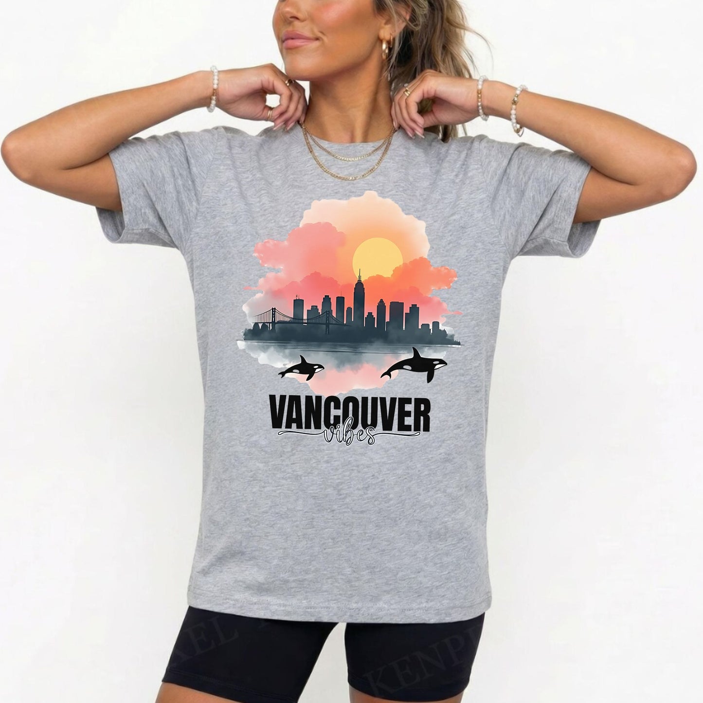 Vancouver Vibes City Skyline Sunset Graphic Tee | Retro Orca Whale Whale Watching Shirt