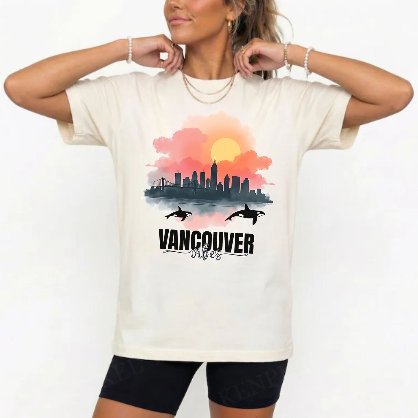 Vancouver Vibes City Skyline Sunset Graphic Tee | Retro Orca Whale Whale Watching Shirt