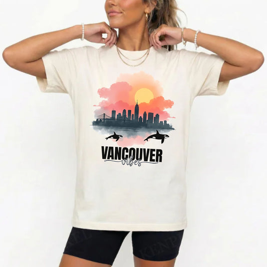 Vancouver Vibes City Skyline Sunset Graphic Tee | Retro Orca Whale Whale Watching Shirt