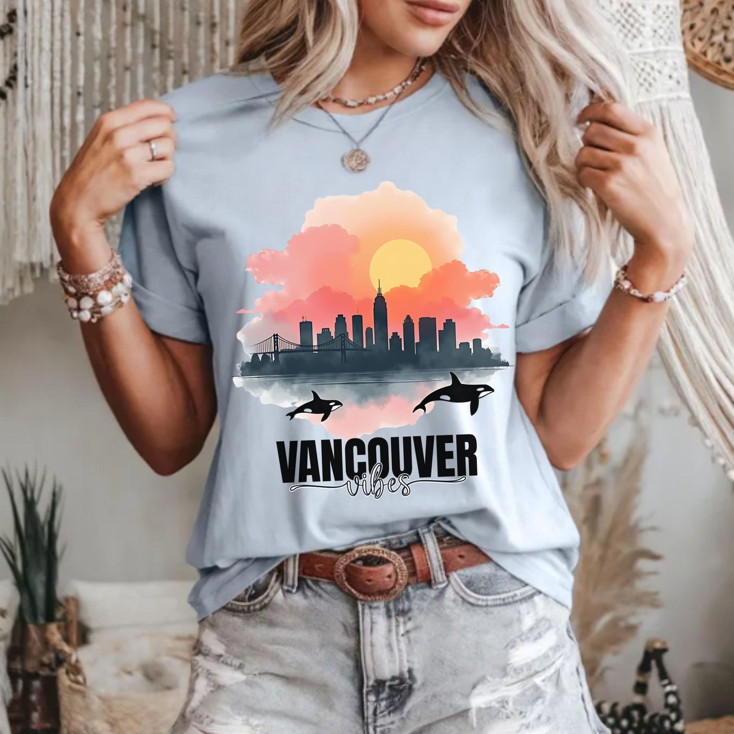 Vancouver Vibes City Skyline Sunset Graphic Tee | Retro Orca Whale Whale Watching Shirt