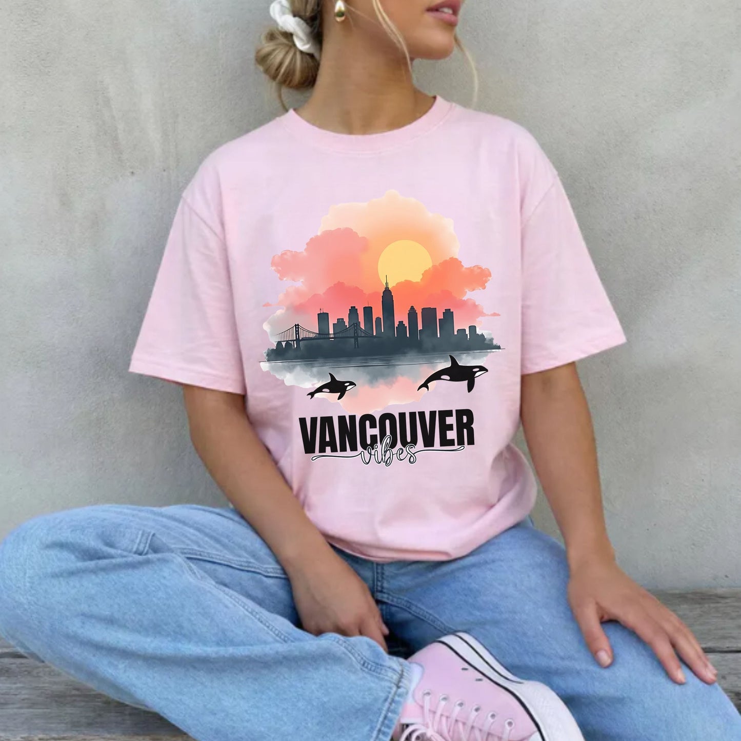 Vancouver Vibes City Skyline Sunset Graphic Tee | Retro Orca Whale Whale Watching Shirt