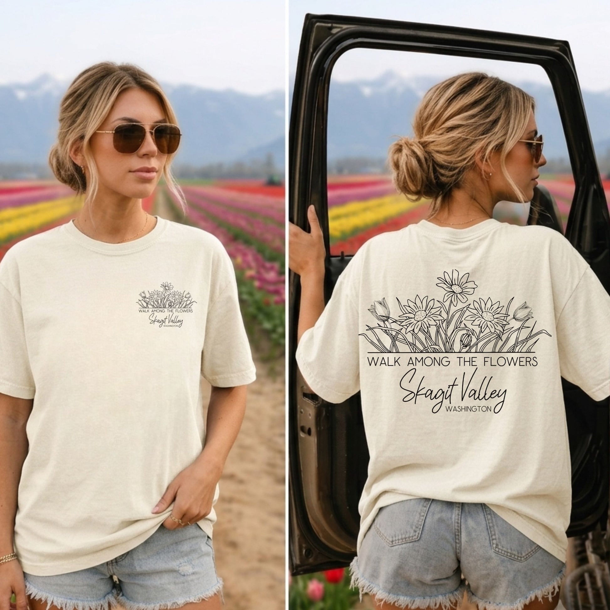 A woman modeling an oversized cream graphic T-shirt in a split view, showing the front and back. The shirt has a small floral crest and 'Skagit Valley' text on the front chest, and a larger floral line drawing with 'WALK AMONG THE FLOWERS', 'Skagit Valley', and 'WASHINGTON' on the back.